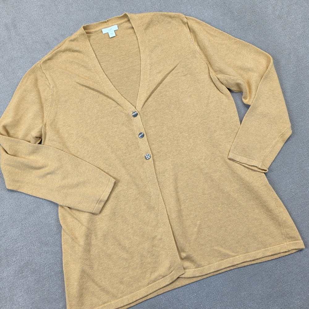 J. Jill Cardigan Size L Women Mustard Yellow Linen Rayon V-Neck Button Sweater